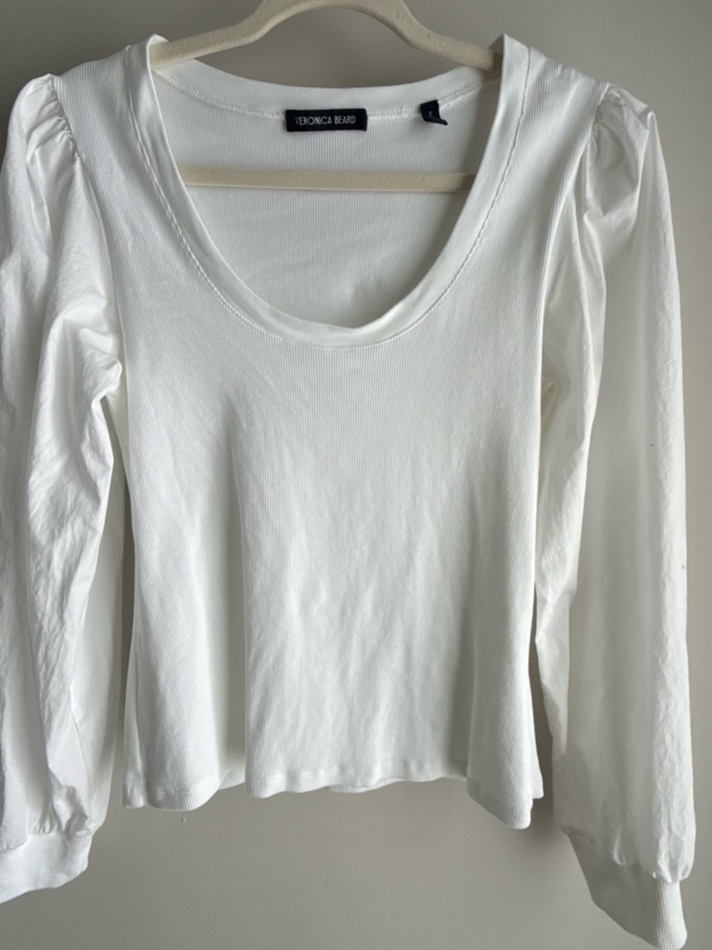 Veronica Beard Cream Scoop Neck Long Sleeve Top with Puff Shoulders